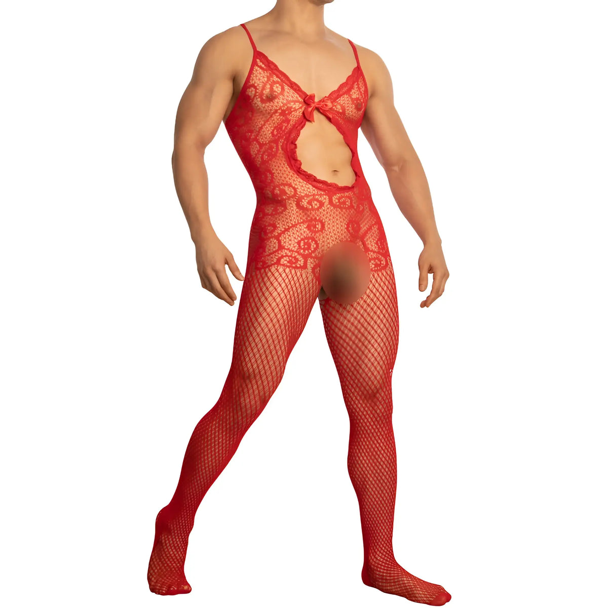 Red lace secret male smc009 bodysuit with mesh overlay and decorative bow at the front in a harness style