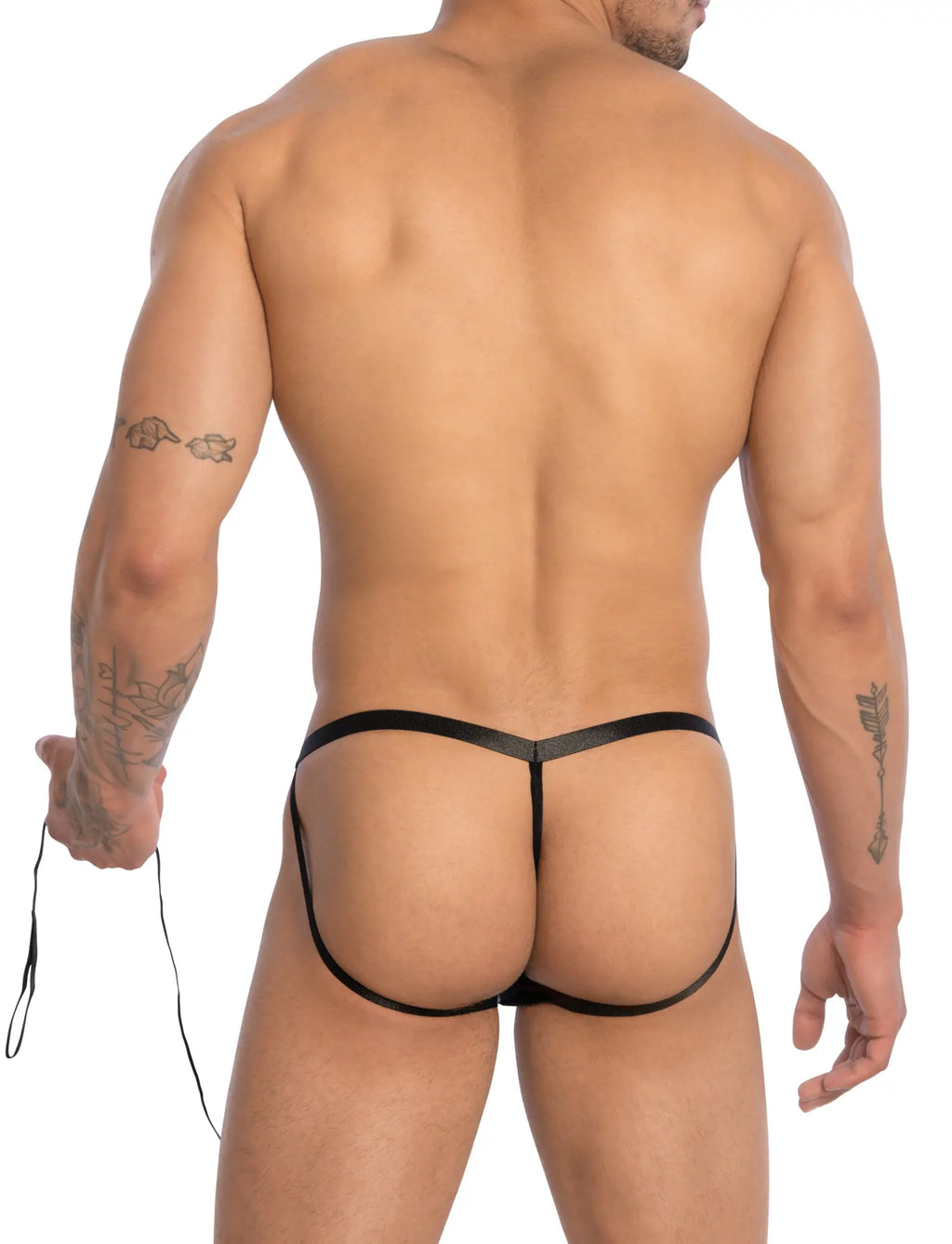 Black thong jockstrap made of smooth shiny material with thin waistband and leg openings from Secret Male SMC014