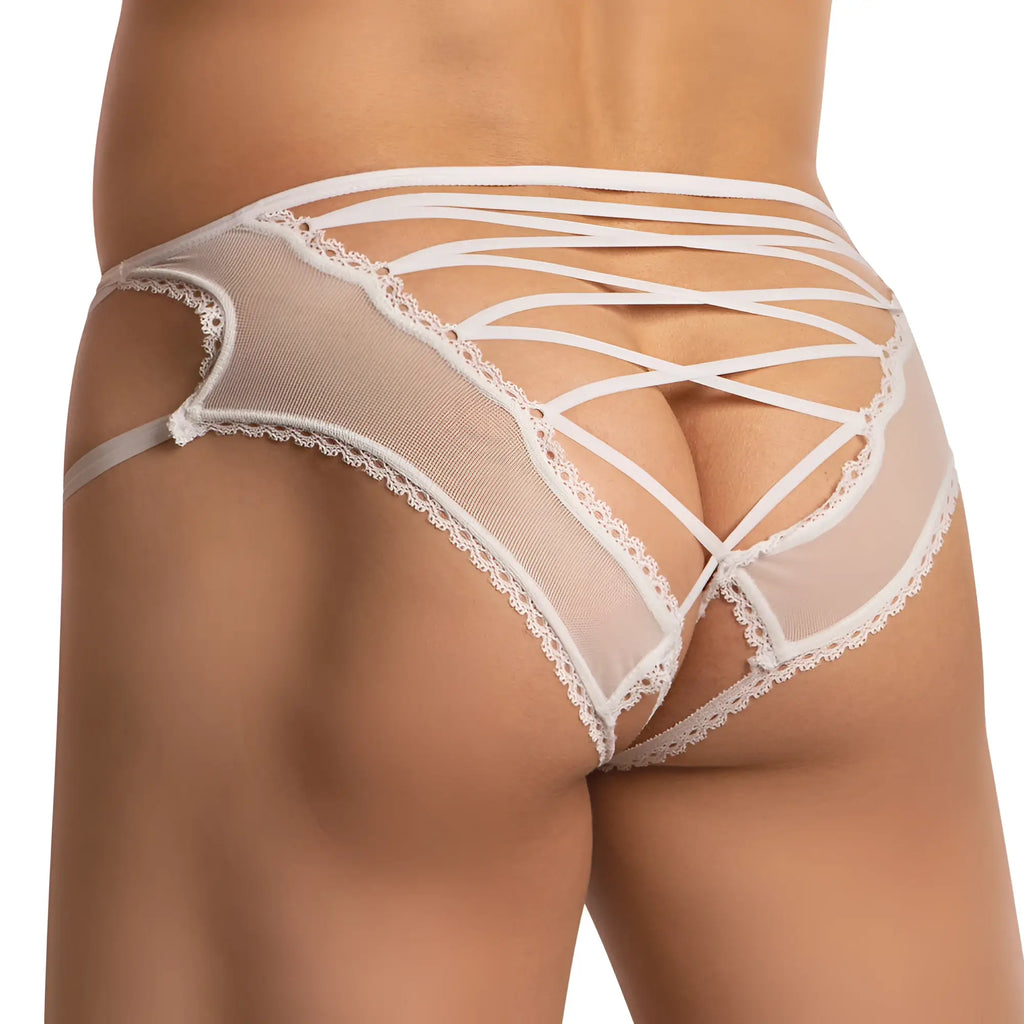 White lace-trimmed mesh thong jockstrap with crisscrossing straps from Secret Male SME004 showing back side