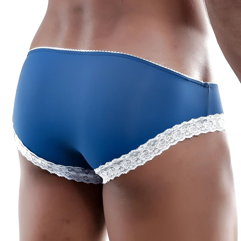 Blue satin briefs secret male smi012 bikini brief with delicate white lace trim front view