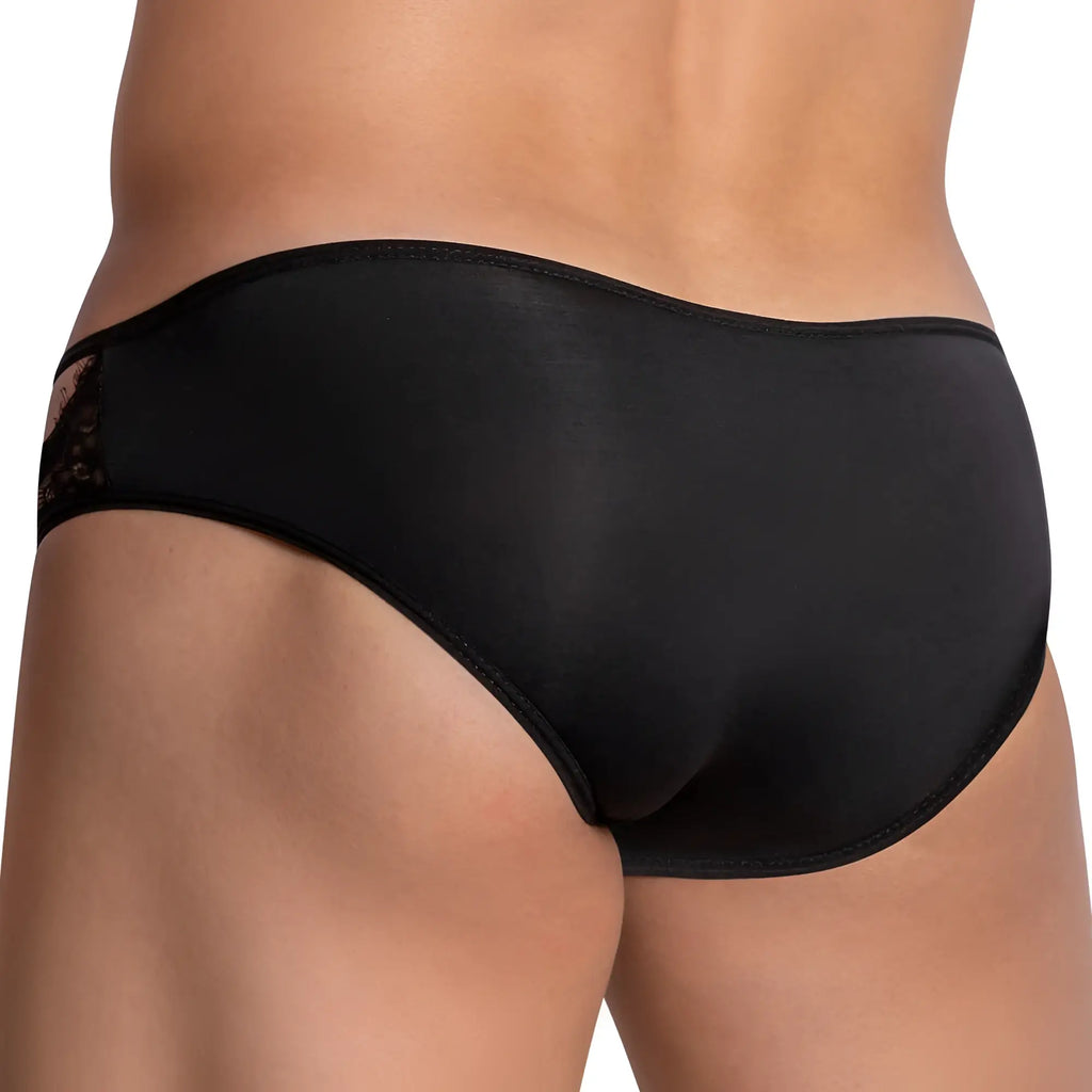Black lace-trimmed secret male smi048 bikini brief in smooth satin-like fabric with a sleek form-fitting design