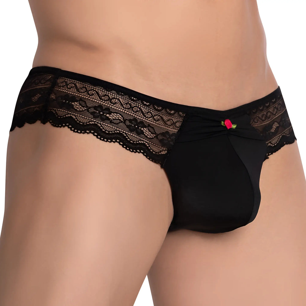 Black lace-trimmed secret male smi064 bikini brief with satin front and small red rose embellishment