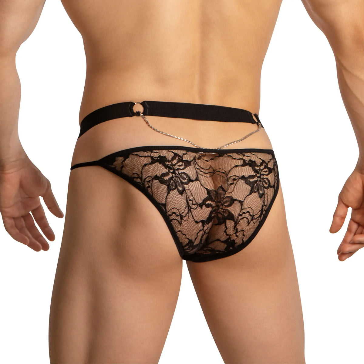 Black lace thong bikini with floral pattern and metallic chain detail at the back from secret male smi069 collection