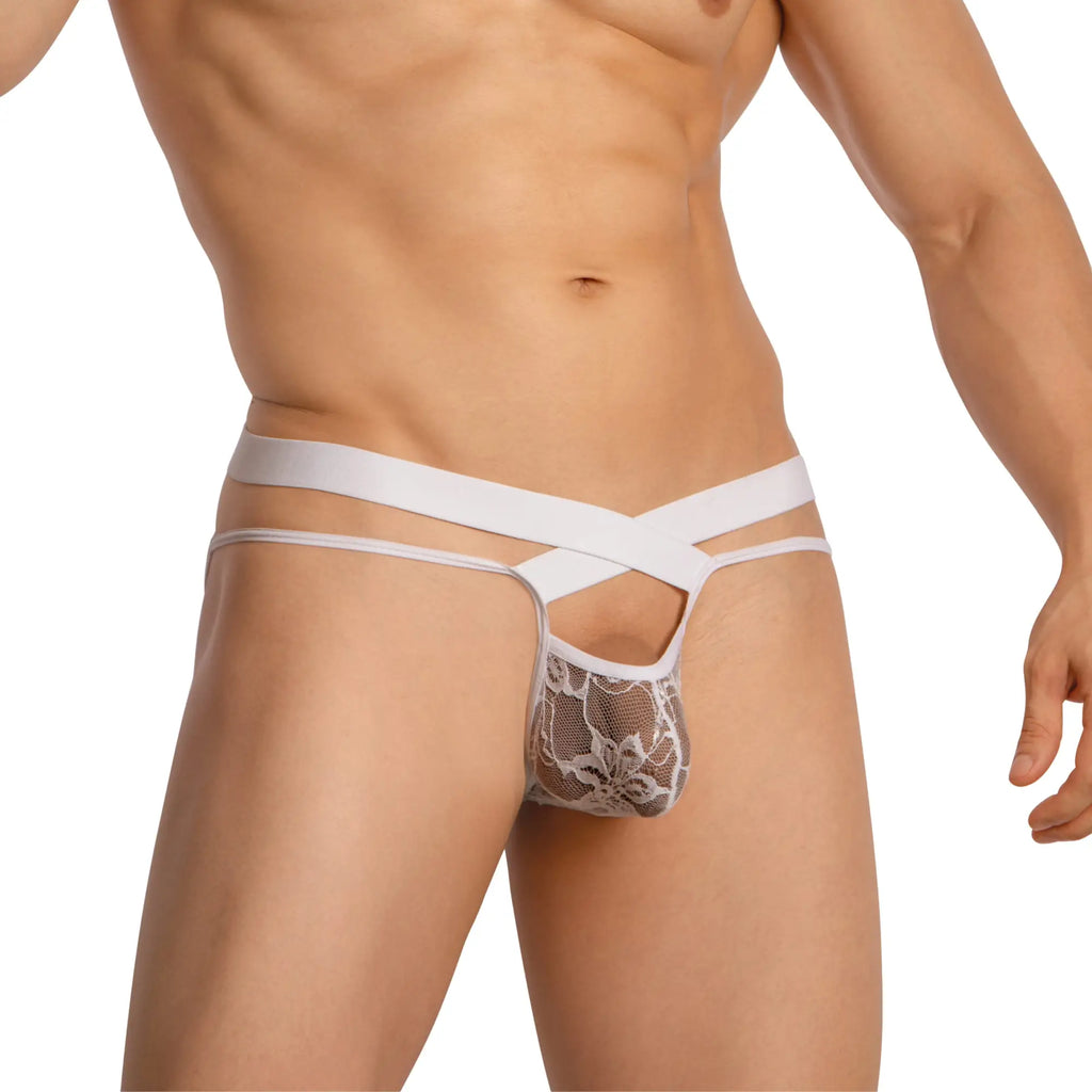 Secret Male SMI069 bikini white lace thong with sheer floral front panel and crisscross elastic straps