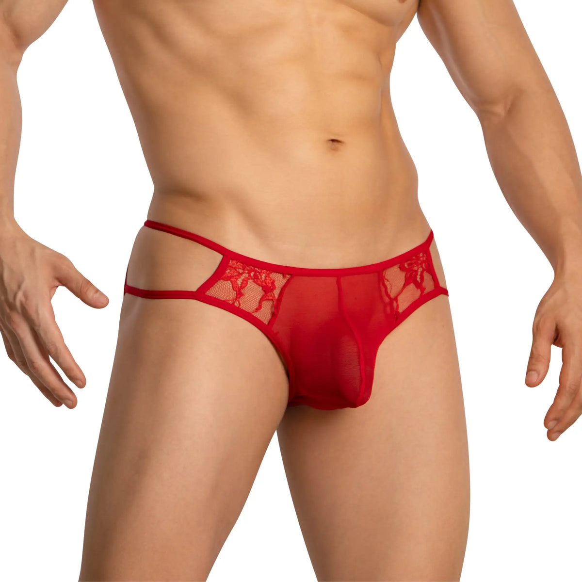 Secret male smi071 bikini red lace thong with sheer mesh panels and intricate floral embroidery front view