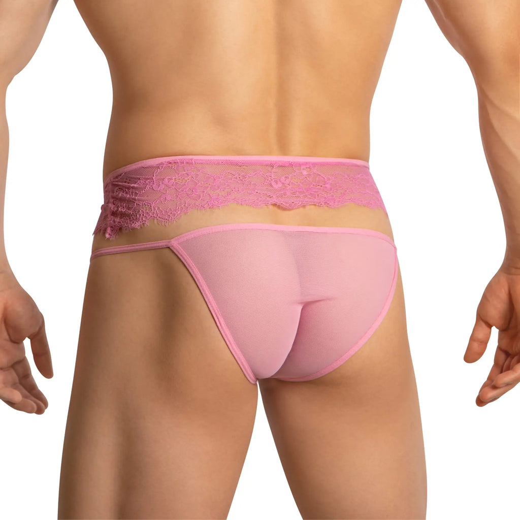 Pink lace-trimmed sheer thong with solid pink waistband from secret male smi072 bikini collection