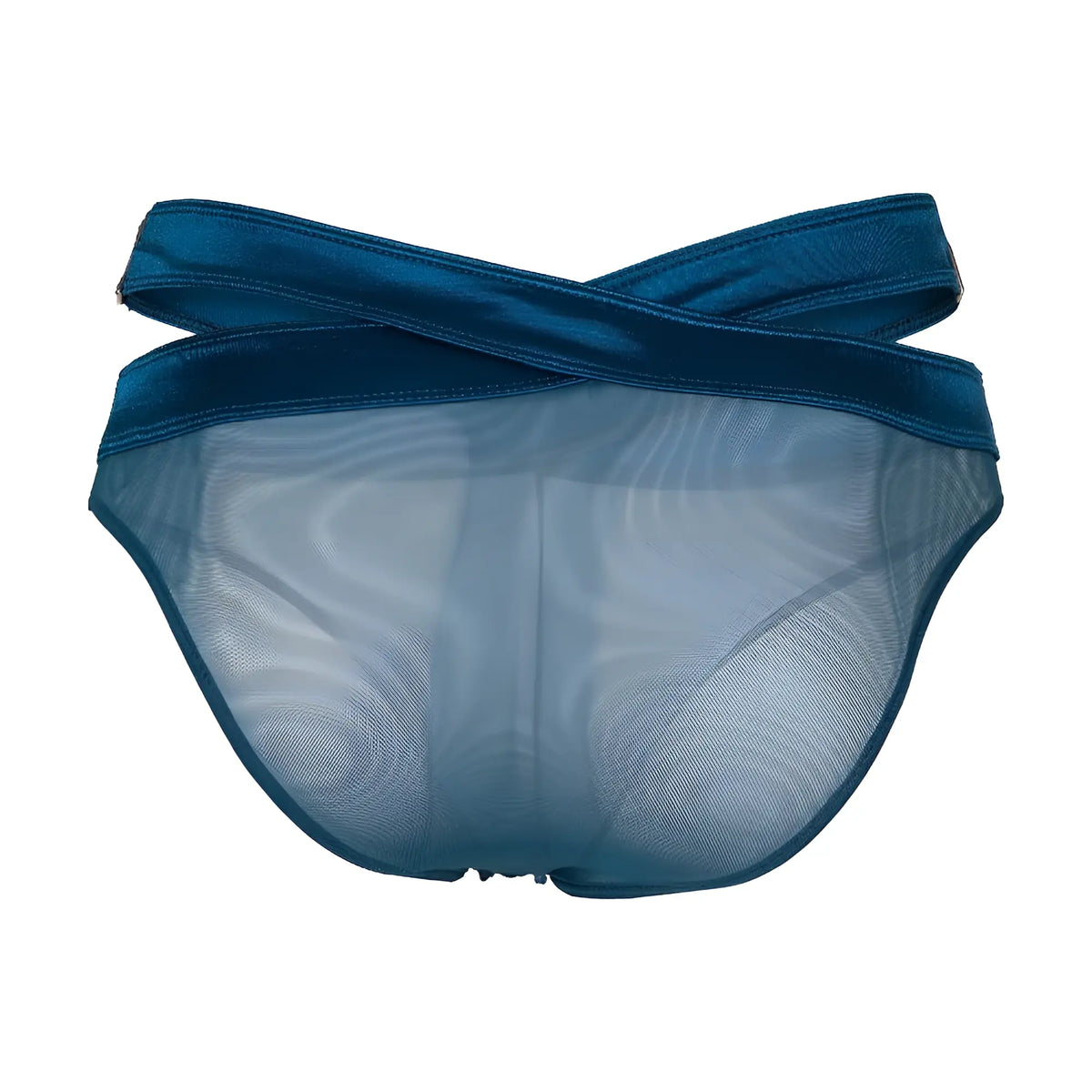 Deep blue satin-trimmed mesh briefs with cross-back design shown from the back in secret male smi077 bikini style