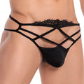 Secret Male SMK010 thong black lace trimmed with crisscross elastic straps and smooth form fitting fabric back view