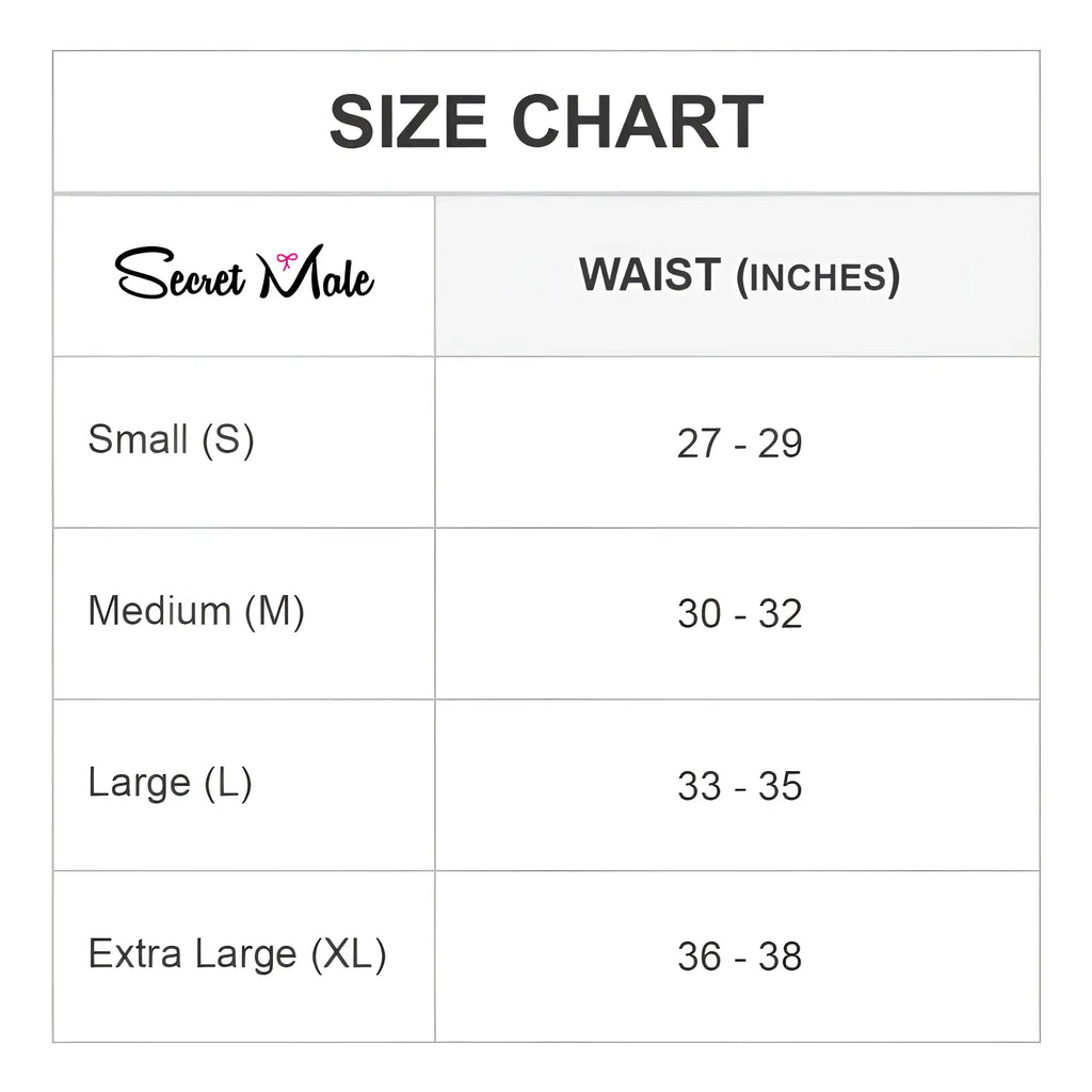 Secret male sml020 g-string size chart showing waist measurements for small medium large and extra large sizes