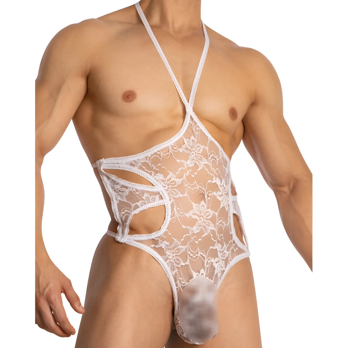 White lace bodysuit with floral patterns and cut-out details from secret male smv007 bodysuit and harness collection