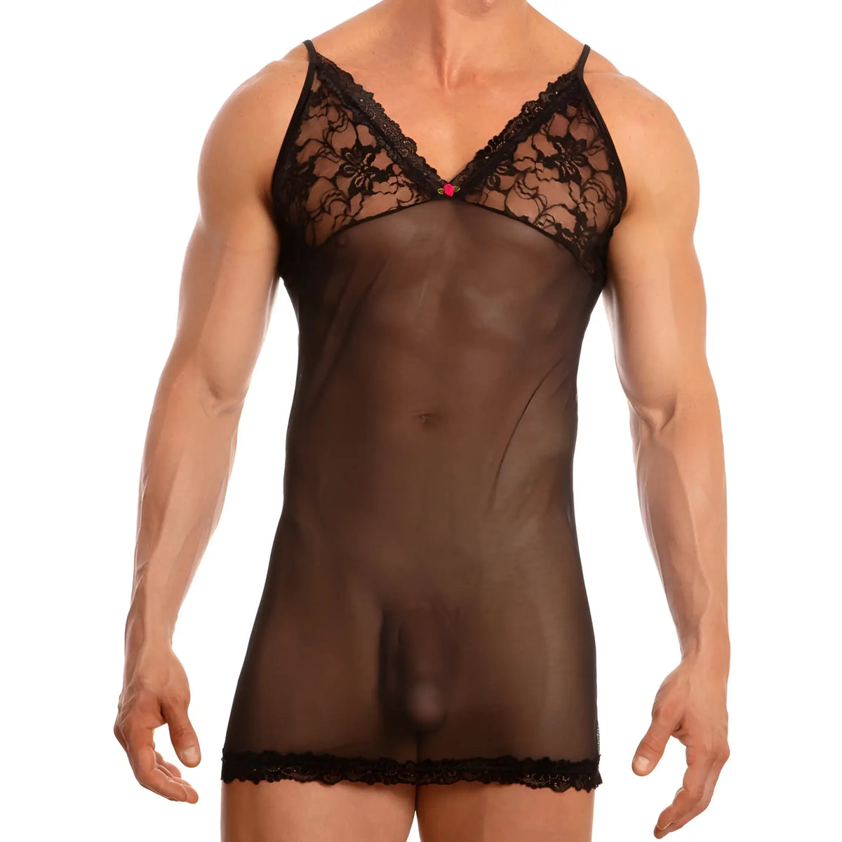 Black lace-trimmed sheer menâ€™s chemise with floral detailing and red accent from secret male smw001 set