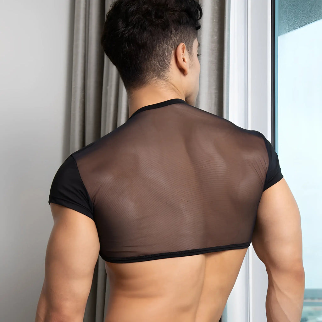 Black mesh short-sleeved top with solid black shoulder and hem bands from secret male smw002 tops and bras collection