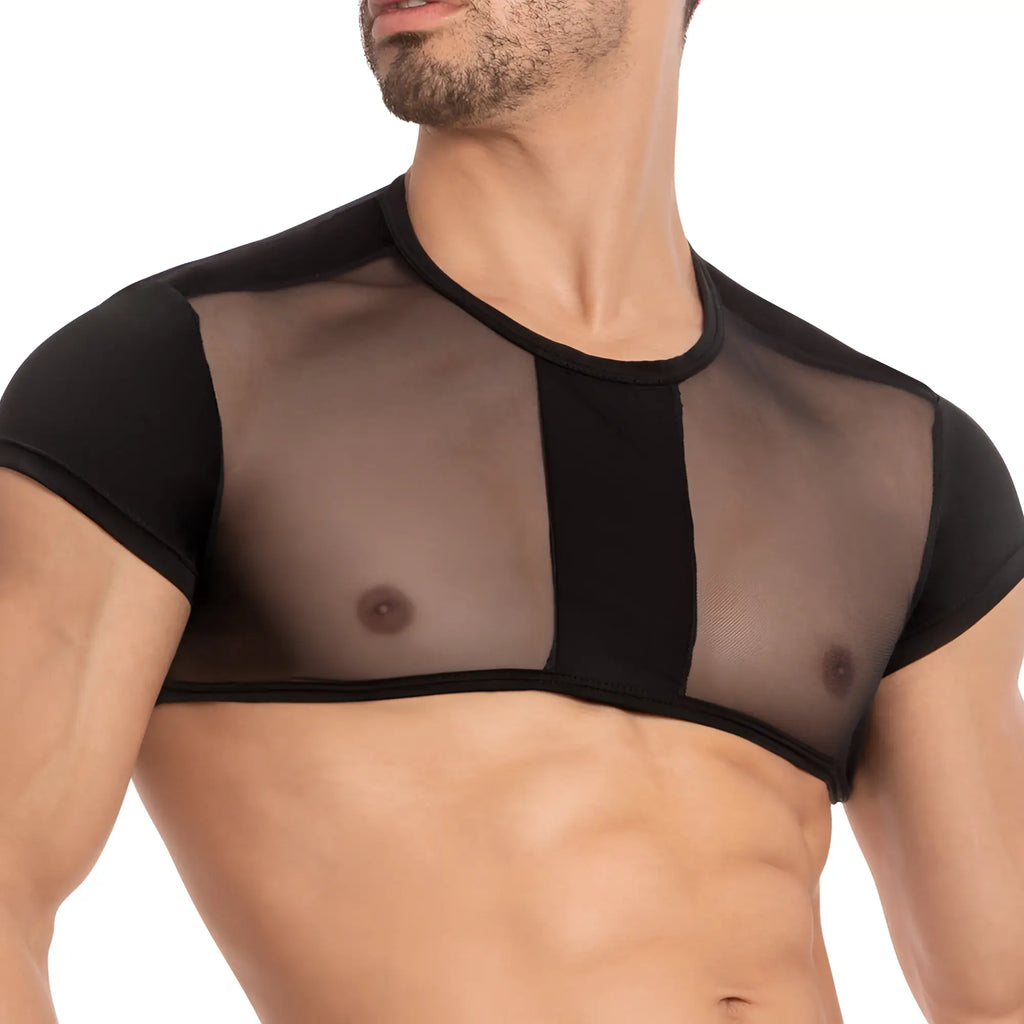 Black mesh top with solid black fabric panels on shoulders and sides from secret male smw002 tops and bras