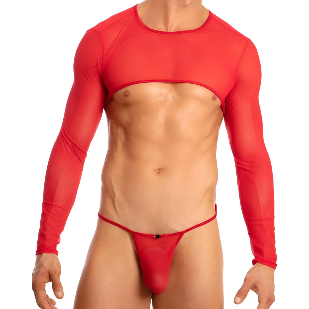 Secret Male SMX001 red sheer long-sleeved top with midriff cutout and matching red thong in mesh material