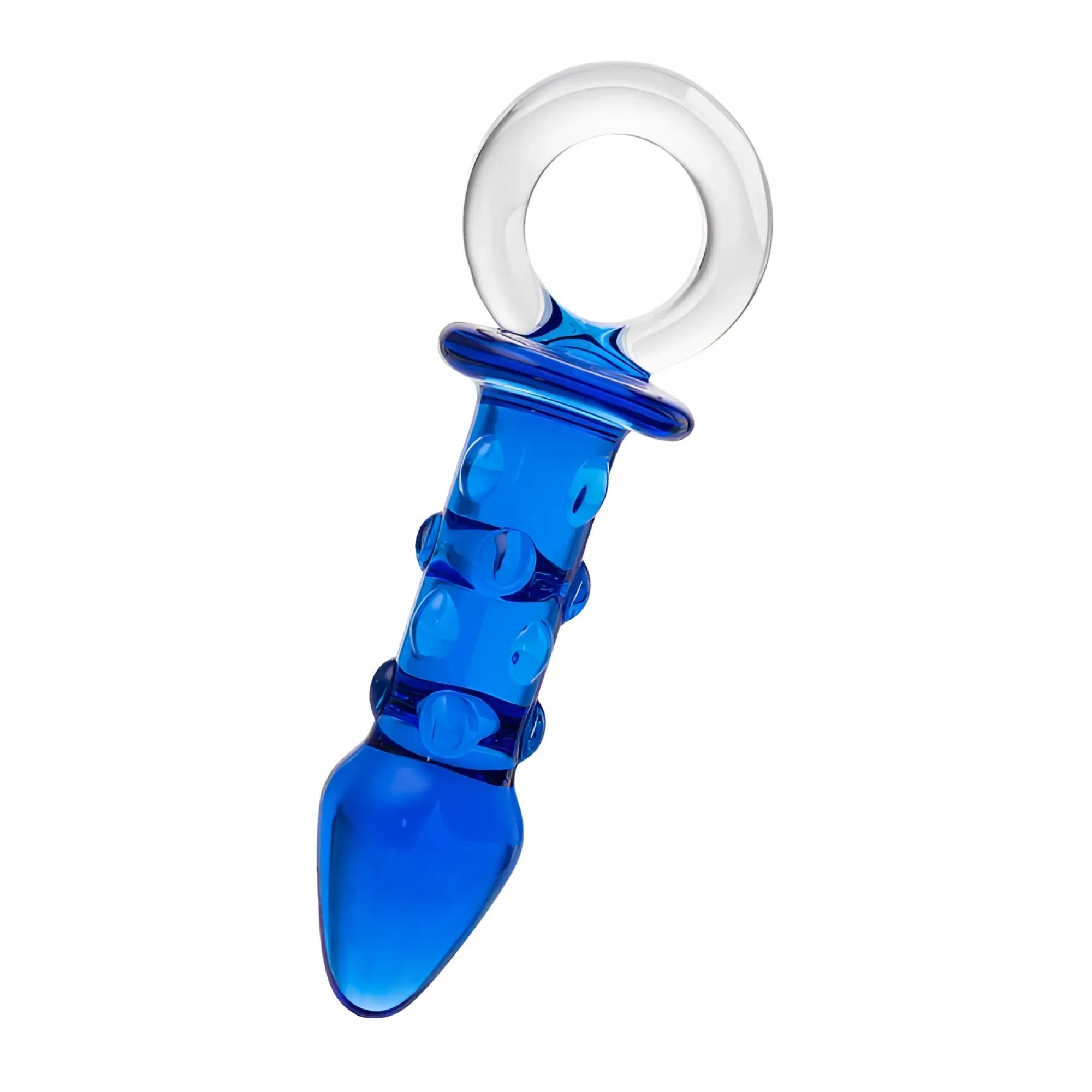 Sexus Glass navy blue translucent glass anal plug with clear ring top and textured ridges 16cm length