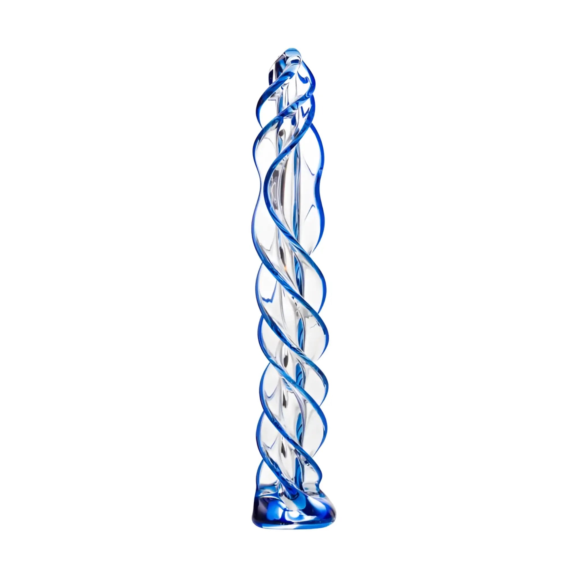 Sexus Glass dildo blue helix 18.7cm tall transparent glass with swirling blue pattern and twisted design