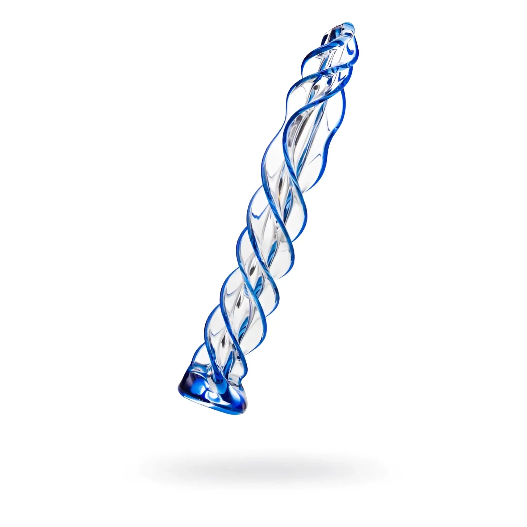 A translucent blue glass dildo with a twisted spiral design from Sexus Glass 18.7cm helix model