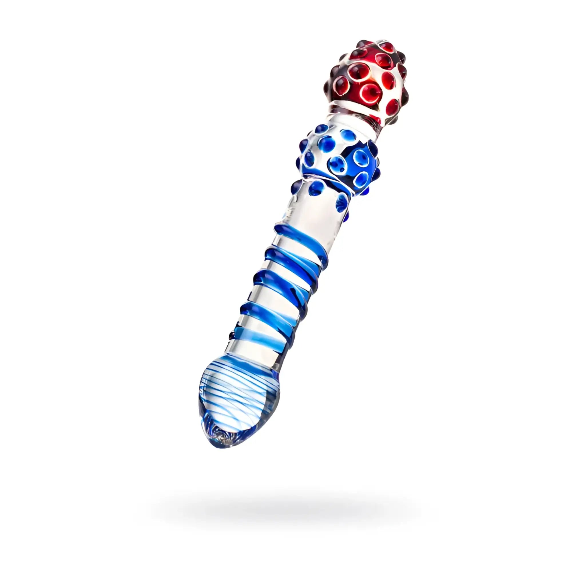 A clear glass dildo with blue spiral patterns and red gemstone accents from Sexus Glass measuring 20.5cm