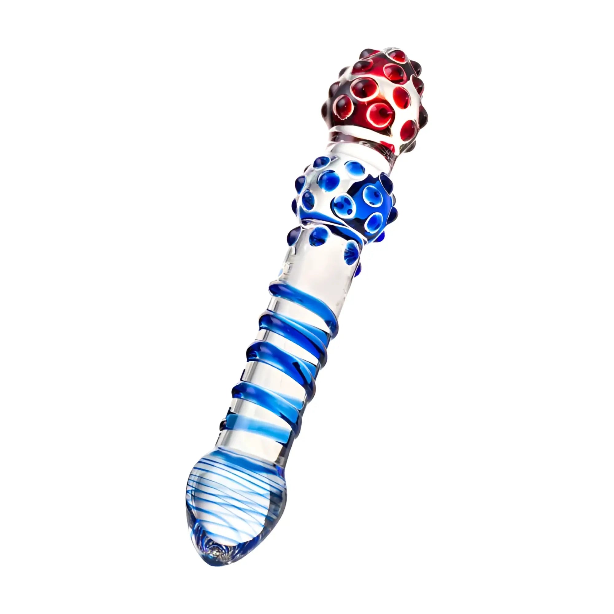 A clear glass Sexus glass dildo with blue spiral stripes and red and blue dotted embellishments 20.5cm long