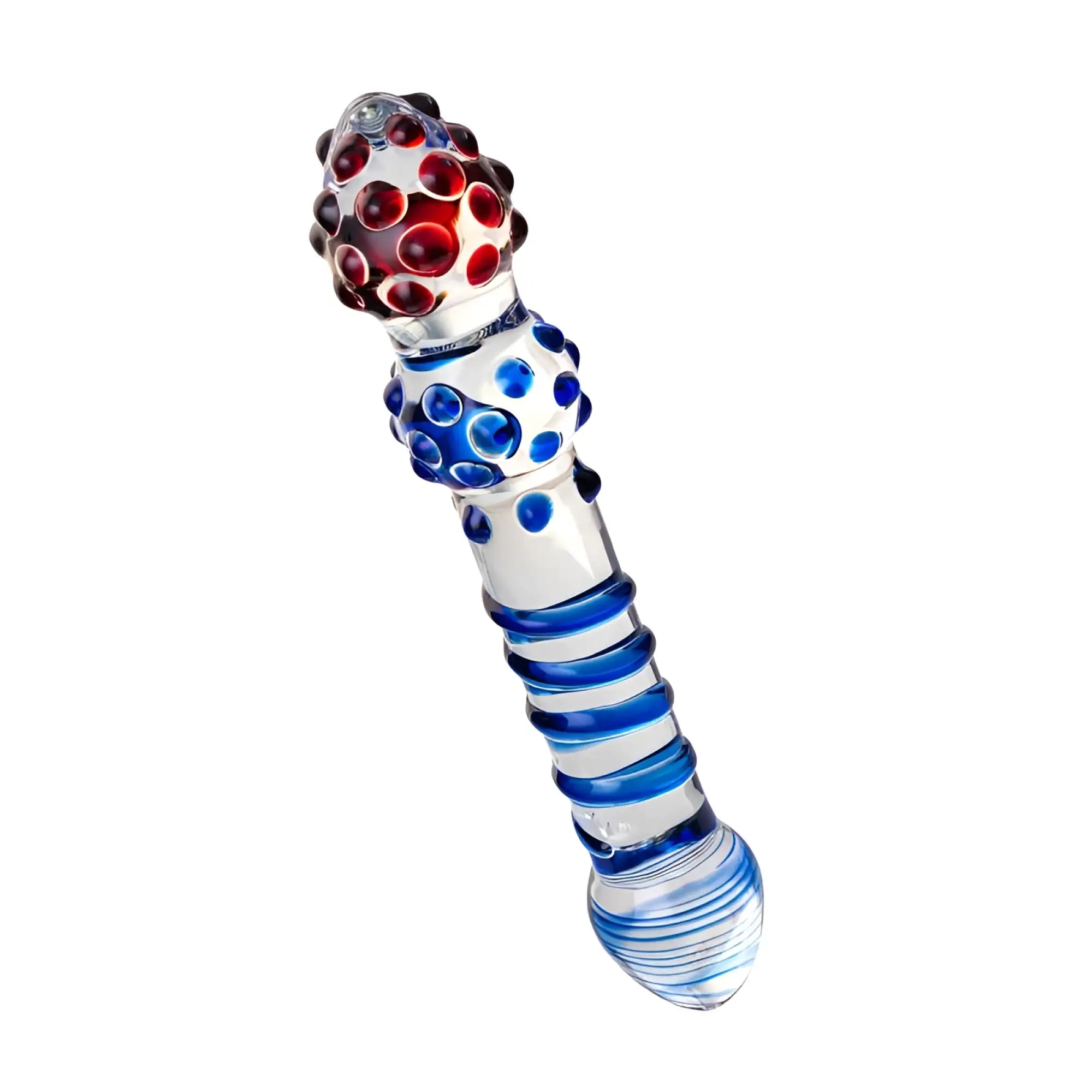 Sexus Glass dildo 20.5cm translucent glass with red black dotted head blue spheres and swirling blue stripes near base