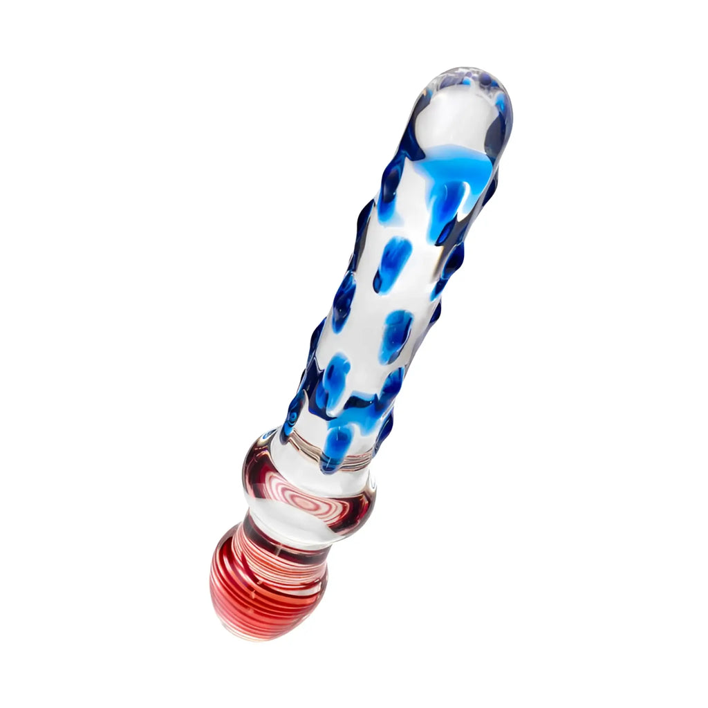 Sexus Glass dildo 20 cm clear glass with blue and red swirls and textured surface for enhanced stimulation