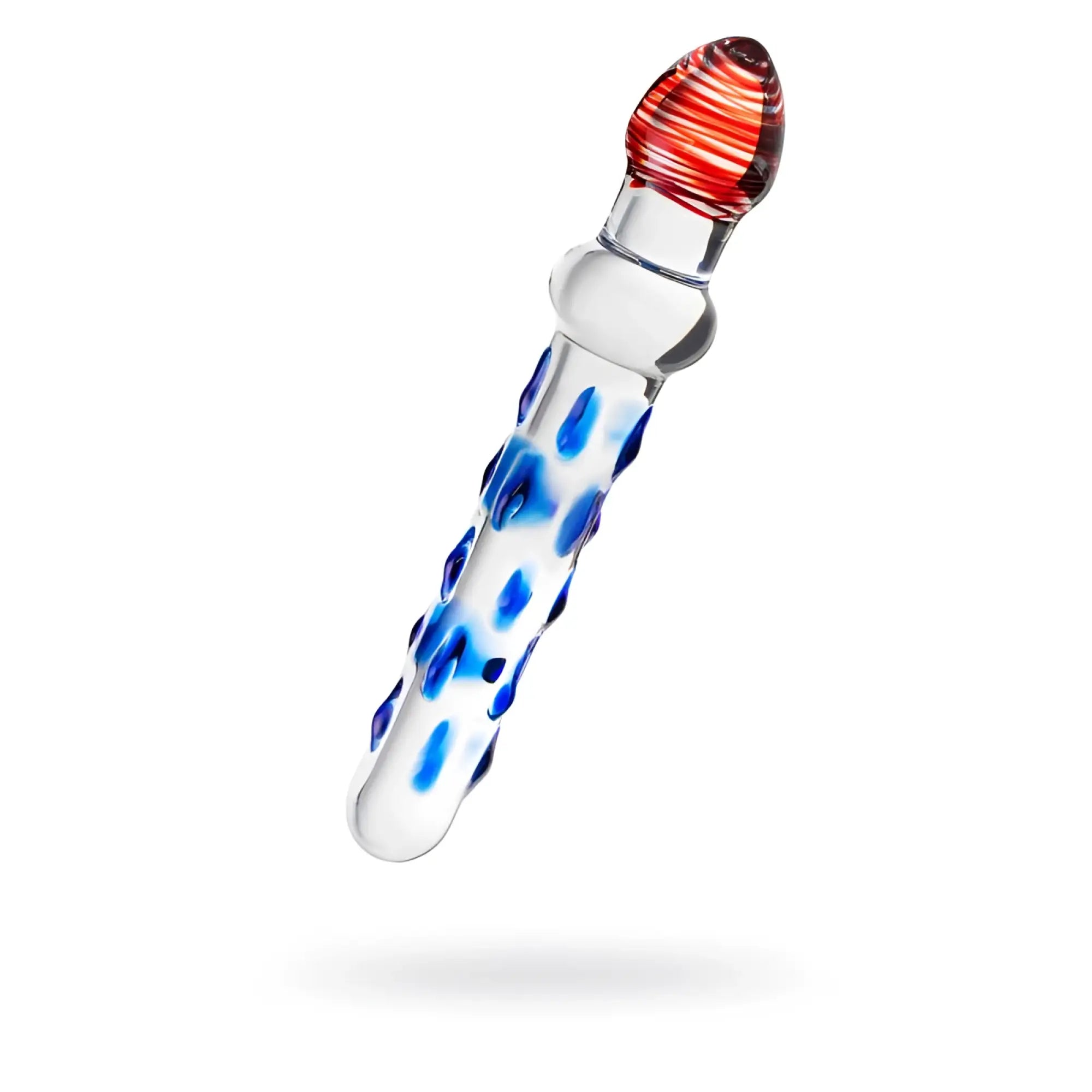 Clear glass dildo by sexus with blue splatter patterns and a red and white swirl head 20 cm long