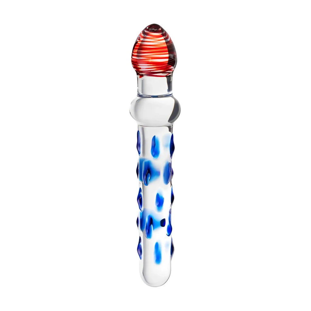 A clear glass sexus glass dildo 20 cm with a red and white striped head and blue teardrop inlays