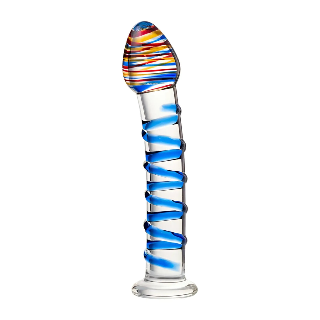 A clear glass dildo with colorful striped head and blue spirals along shaft sexus glass dildo 18cm