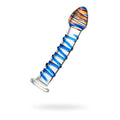 Clear glass dildo with vibrant blue spiral stripes and colorful multicolored striped head 18cm by Sexus Glass