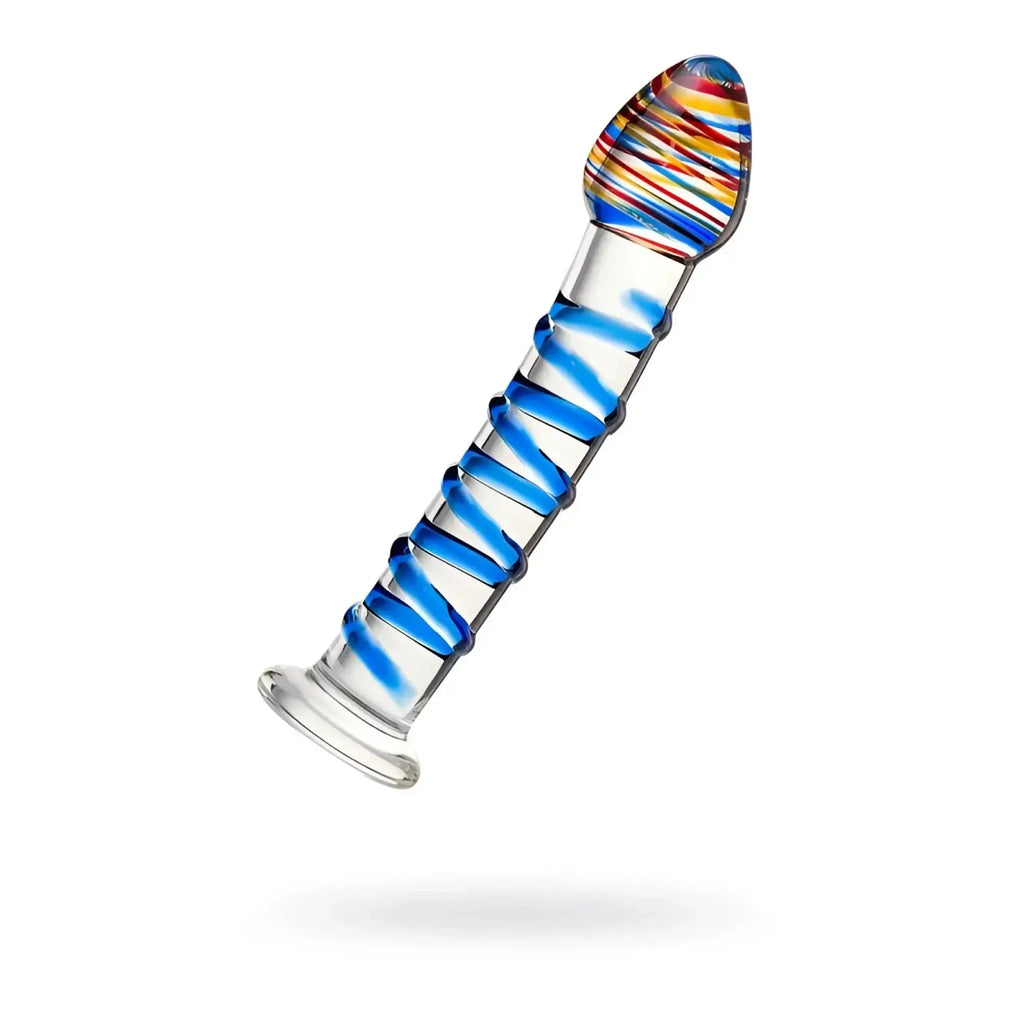 Clear glass dildo with vibrant blue spiral stripes and colorful multicolored striped head 18cm by Sexus Glass