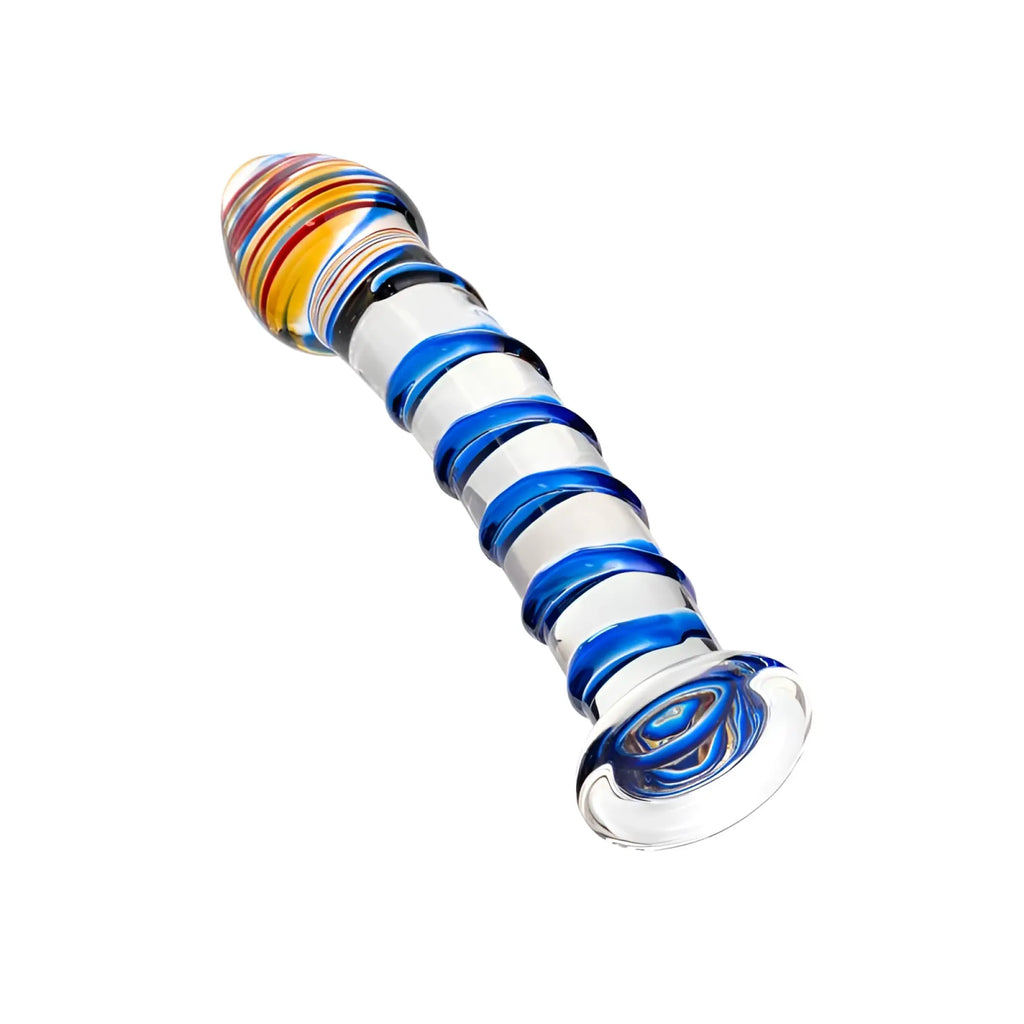 Sexus glass dildo 18cm translucent glass with blue white and rainbow swirling pattern for intimate use