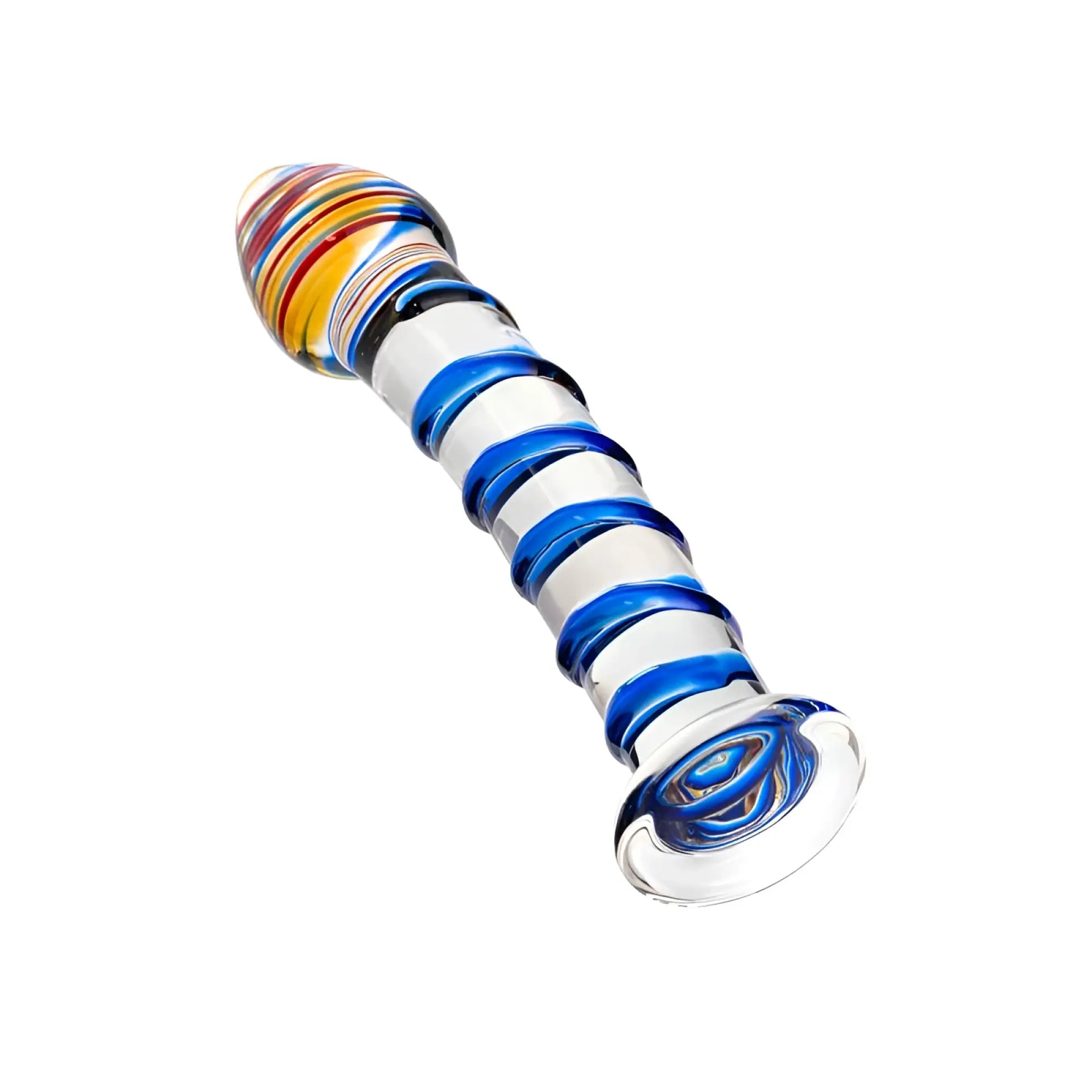 Sexus glass dildo 18cm translucent glass with blue white and rainbow swirling pattern for intimate use