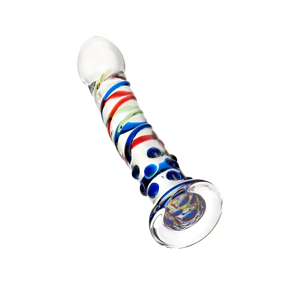 Sexus Glass dildo 18cm clear glass with vibrant red blue green swirls and decorative blue dots along its length