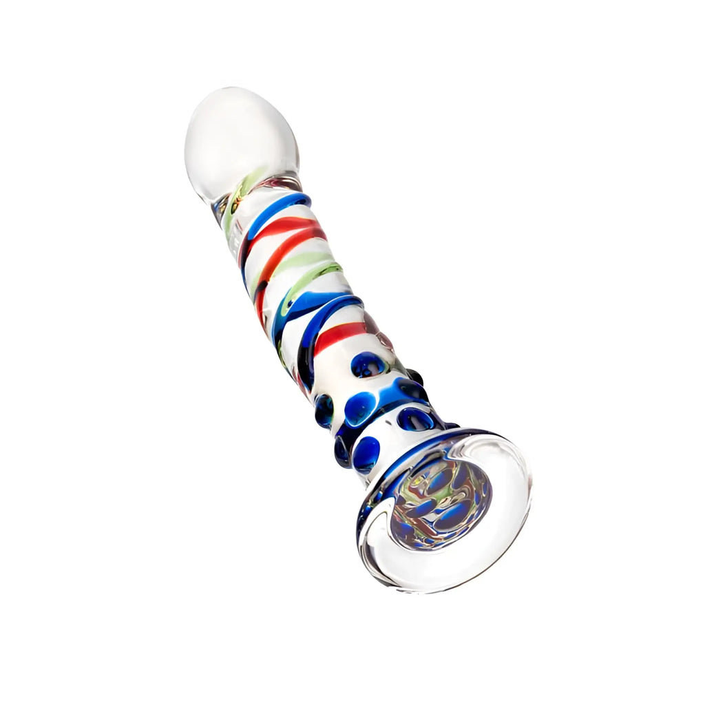 Sexus Glass dildo 18cm clear glass with vibrant red blue green swirls and decorative blue dots along its length