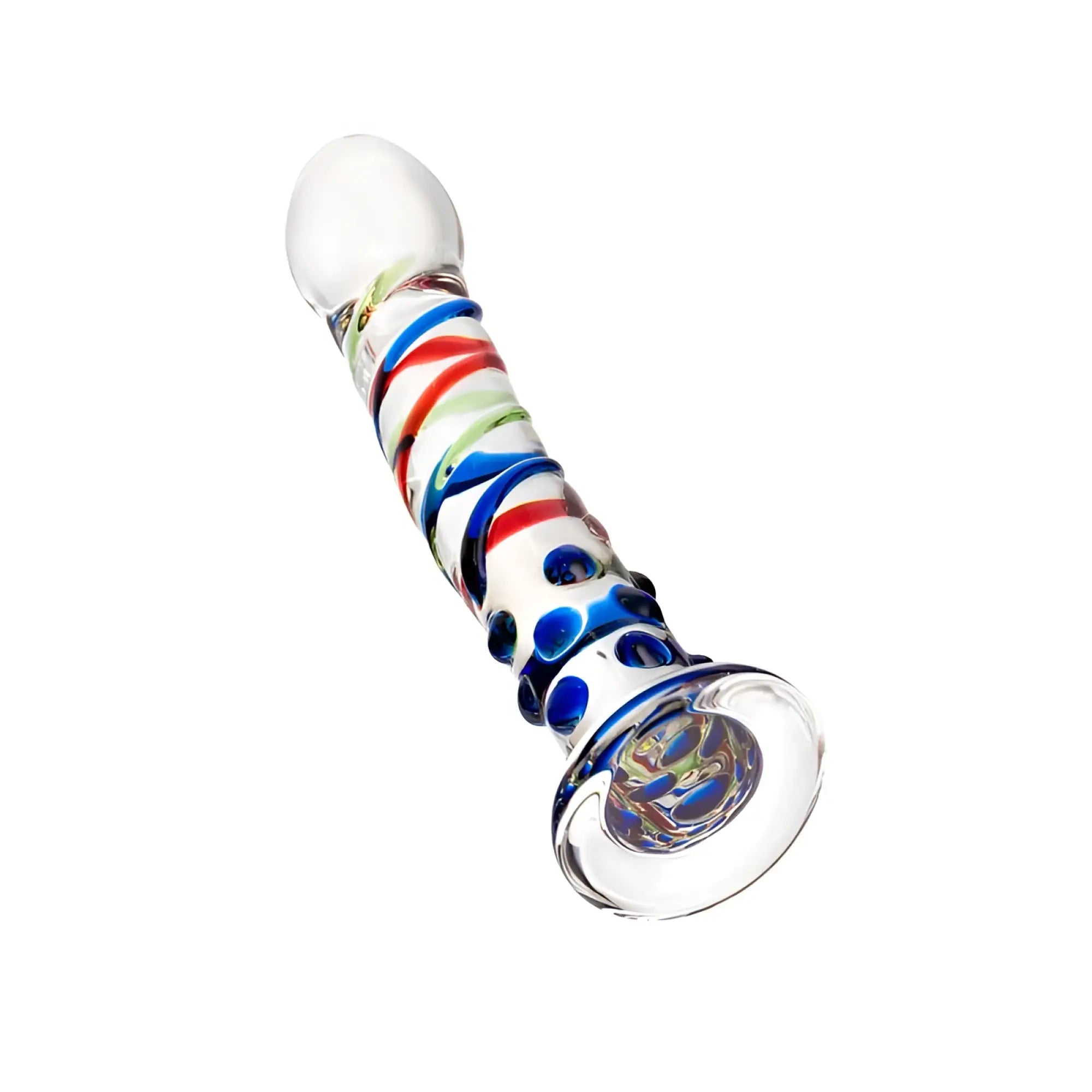 Sexus Glass dildo 18cm clear glass with vibrant red blue green swirls and decorative blue dots along its length