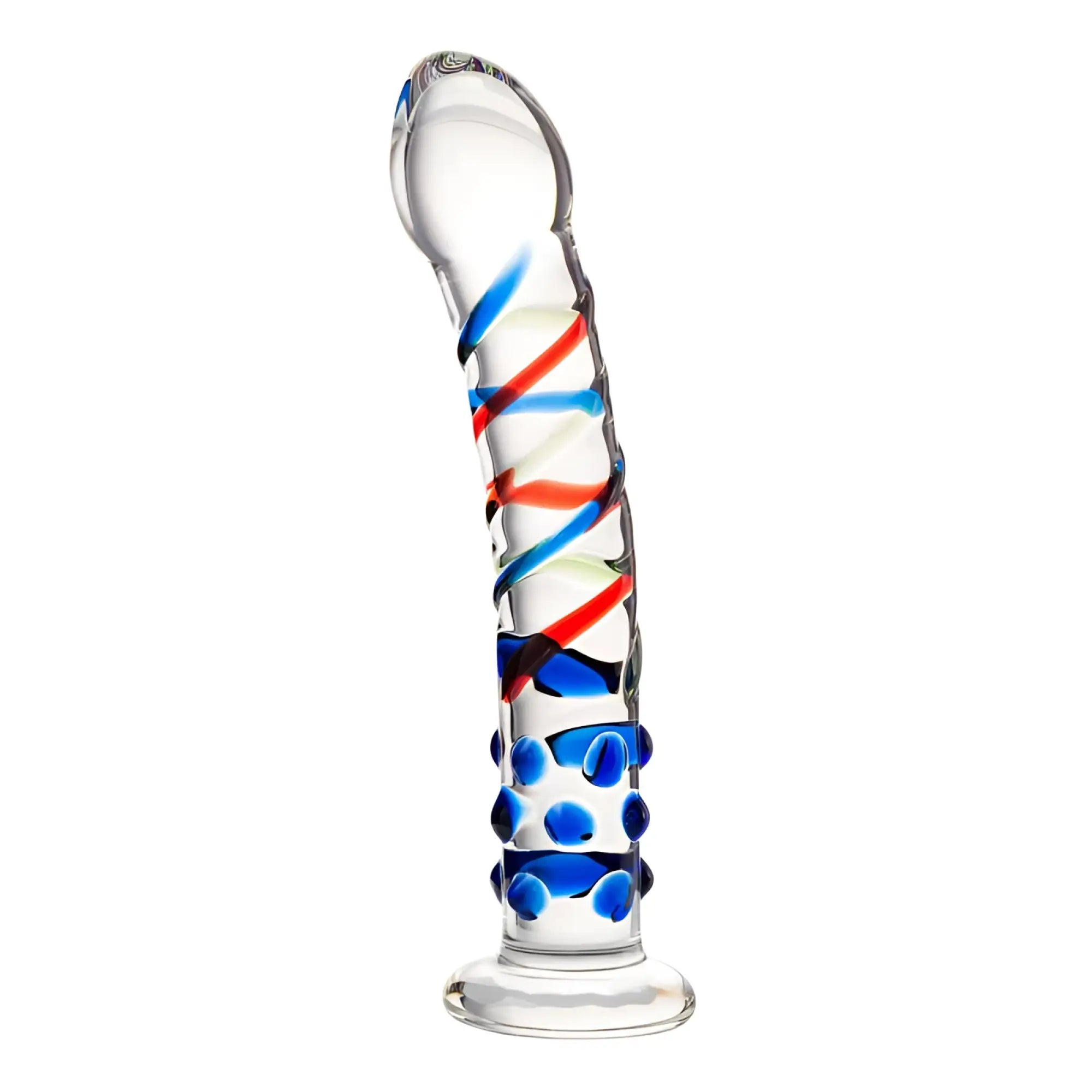 Clear glass dildo with red and blue swirls and blue bumps near the base from Sexus Glass 18cm blue tip model