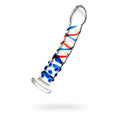 Clear glass dildo by Sexus Glass with red and blue swirling patterns and blue dotted texture 18cm blue tip