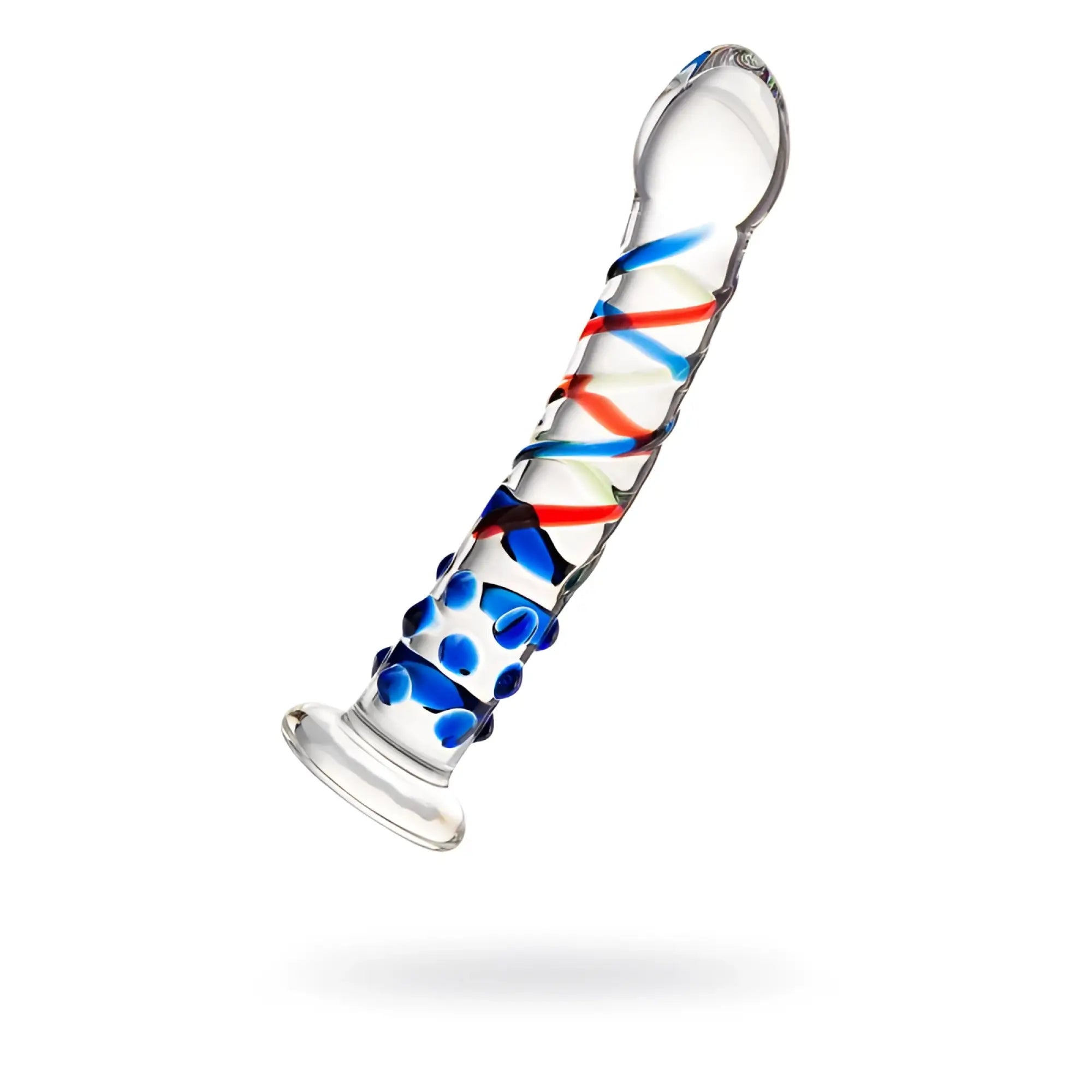 Clear glass dildo by Sexus Glass with red and blue swirling patterns and blue dotted texture 18cm blue tip