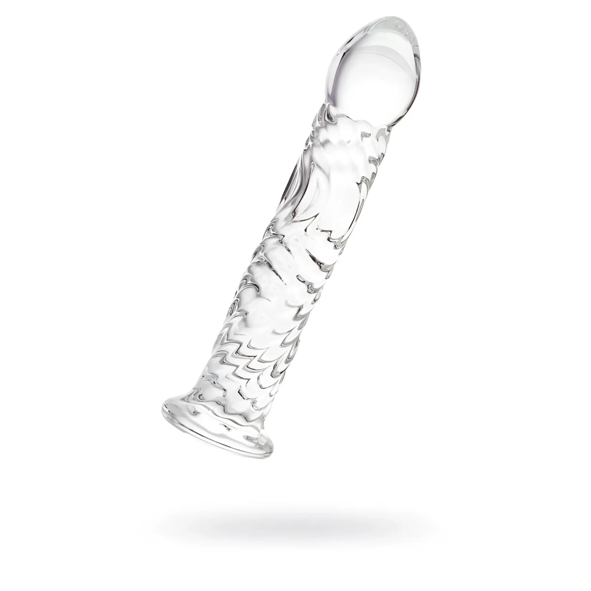 Clear glass dildo 16cm by Sexus featuring a textured wave pattern and rounded tip in transparent glass material