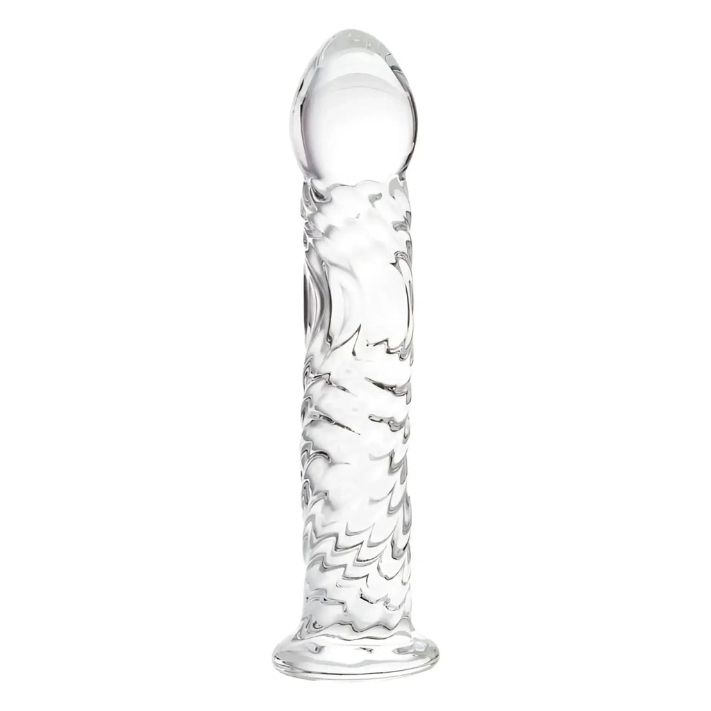 Clear glass dildo 16cm by sexus glass with a textured wave pattern and rounded tip for intimate use