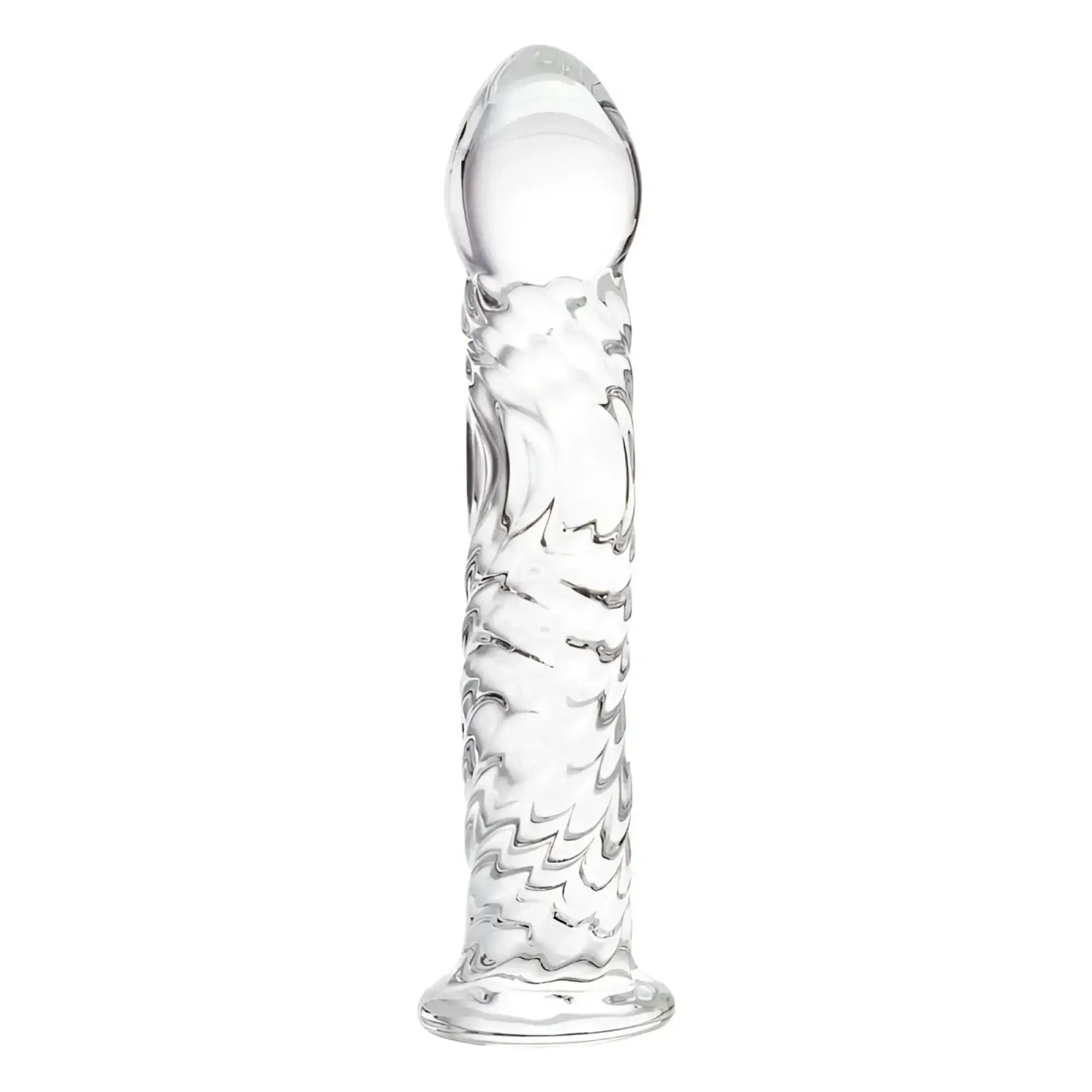 Clear glass dildo 16cm by sexus glass with a textured wave pattern and rounded tip for intimate use