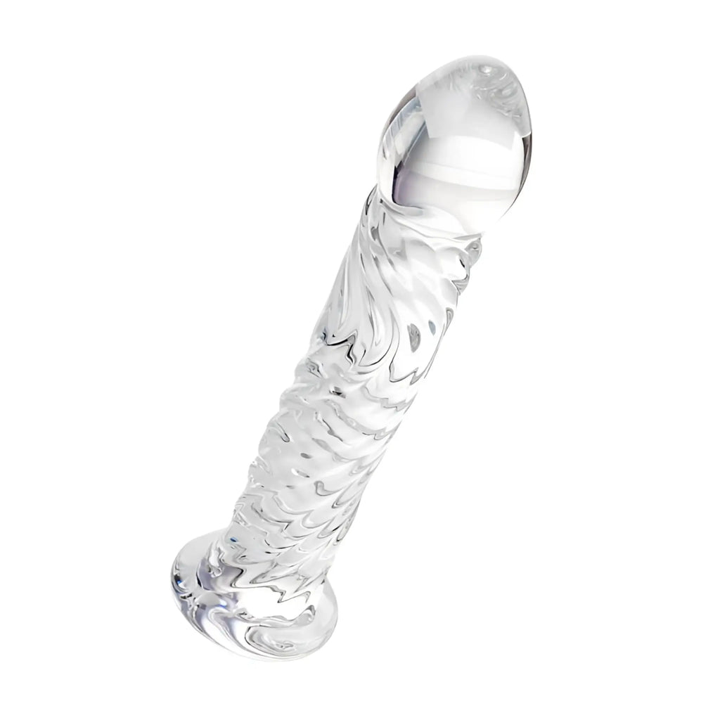 Sexus glass dildo clear 16cm made of clear glass with textured wave pattern and smooth rounded head for intimate use