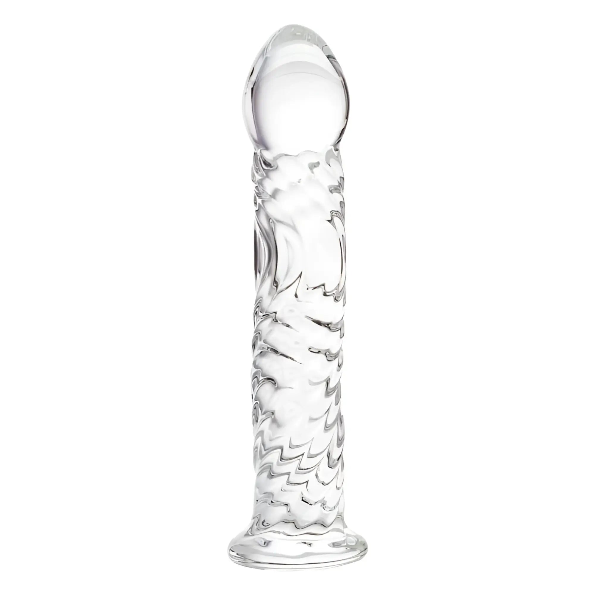 Clear glass dildo 16cm by sexus glass with a textured wave pattern and rounded tip for intimate use