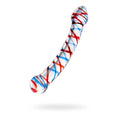 Clear glass dildo by Sexus with curved shape and swirling red and blue patterns, 20 cm length