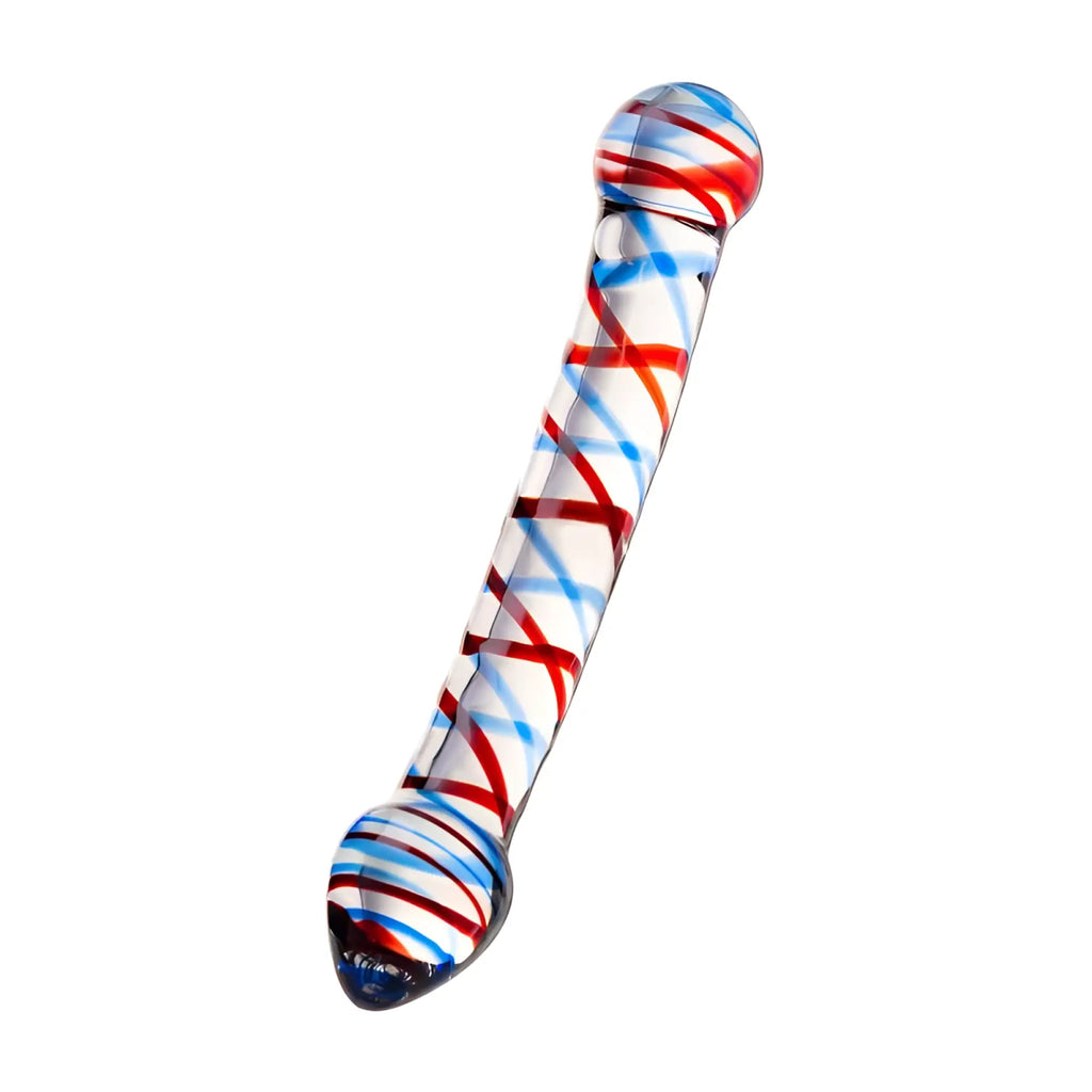 Sexus Glass dildo curved 20 cm made of translucent glass with swirling red blue and white patterns