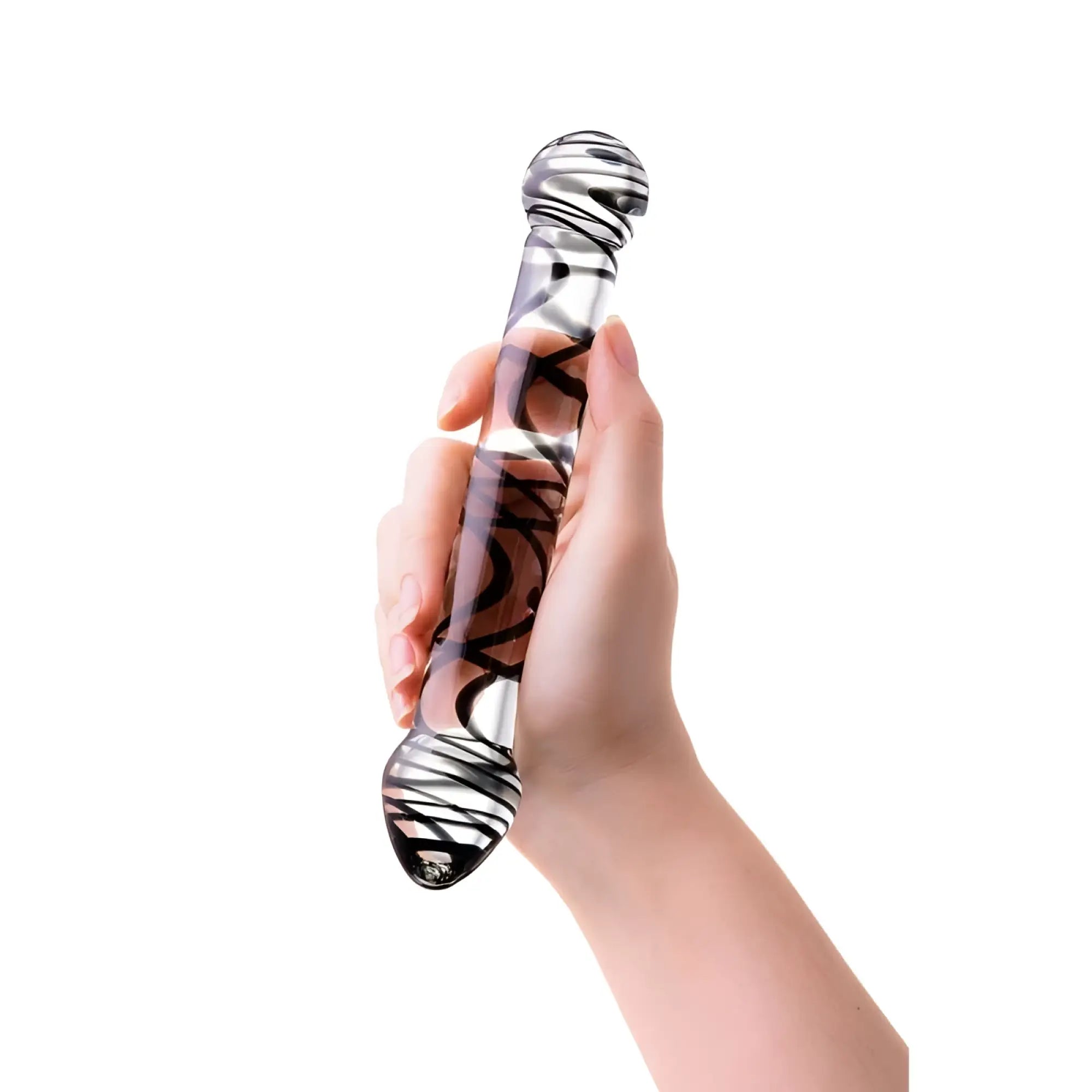 Sexus glass dildo duo black swirl 20.5cm clear glass dildo with black swirling patterns rounded head tapered base