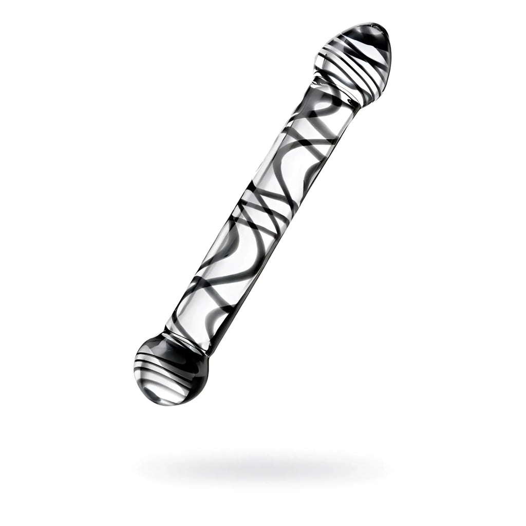 Clear glass dildo with black swirl patterns and rounded ends from sexus glass dildo duo 20.5cm