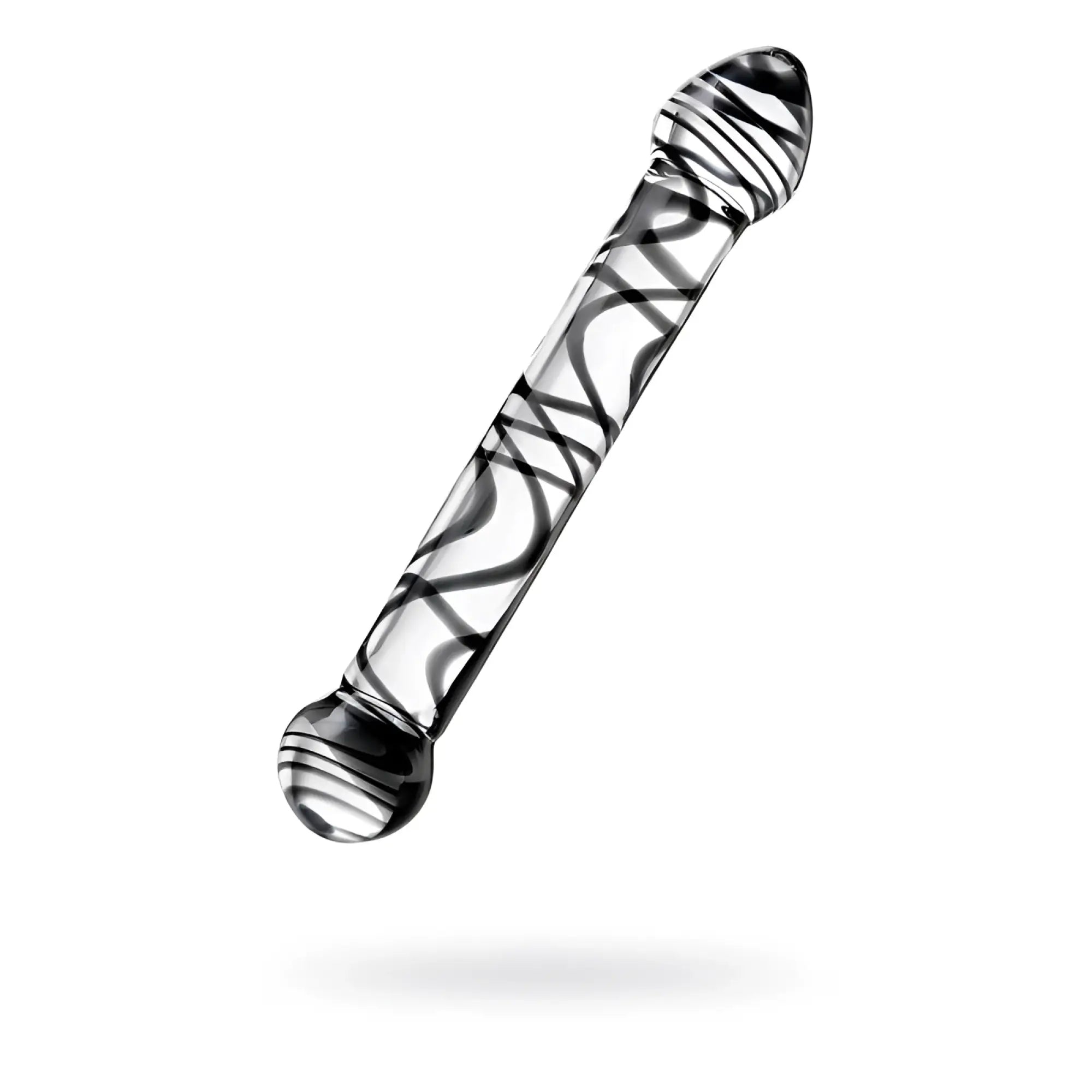 Clear glass dildo with black swirl patterns and rounded ends from sexus glass dildo duo 20.5cm