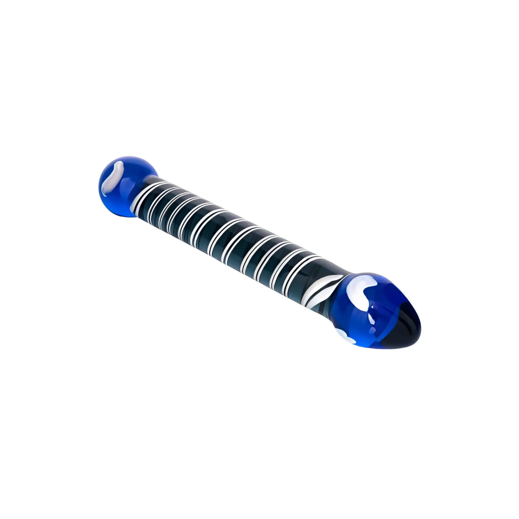 Blue glass dildo with black and white striped pattern from sexus glass dildo duo 20cm collection