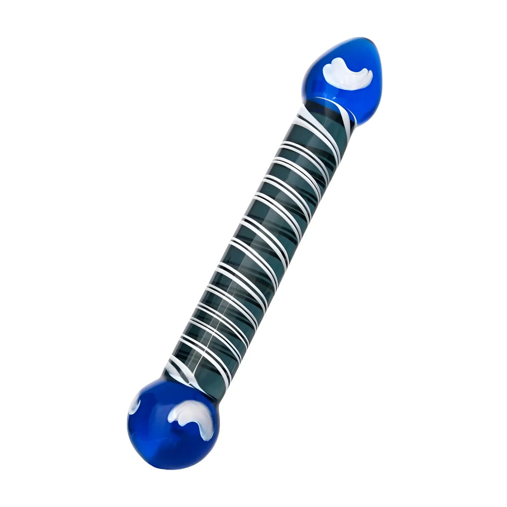 Blue glass dildo with teal and white spiral stripes and cloud designs on both ends from Sexus Glass 20cm